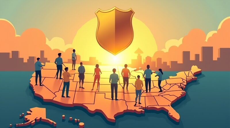Złota tarcza Rockefellera świeci nad mapą USA, oświetlając pracowników w nowych sektorach