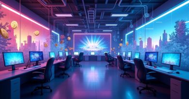 Nowoczesne studio gier w neonowym niebiesko-fioletowym świetle z hologramami AI i monetami