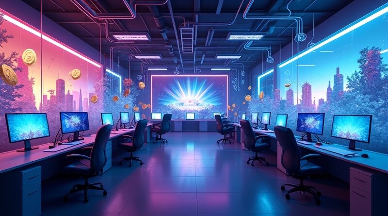 Nowoczesne studio gier w neonowym niebiesko-fioletowym świetle z hologramami AI i monetami