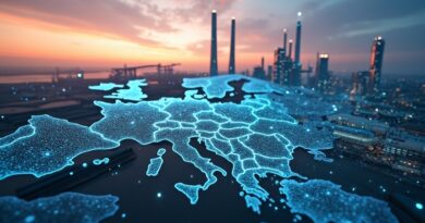 Nowoczesna fabryka Siemens, wzory AI, mapa Europy, USA, Chin ze strzałami, rozdarte łańcuchy, wschód słońca.