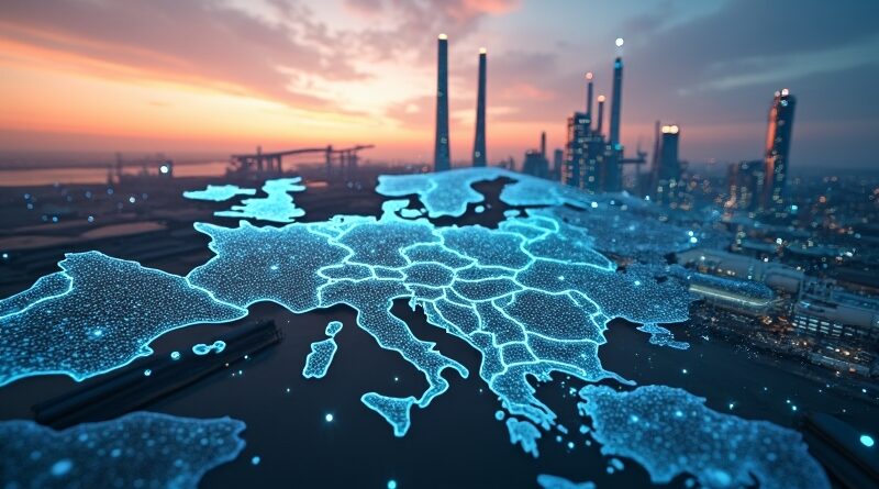 Nowoczesna fabryka Siemens, wzory AI, mapa Europy, USA, Chin ze strzałami, rozdarte łańcuchy, wschód słońca.