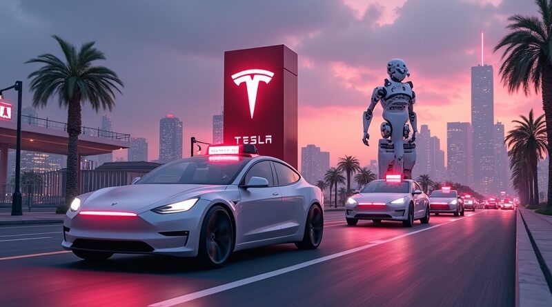 Futurystyczne miasto zmierzchu, autonomiczne taksówki, robot obok logo Tesli, unoszące się wykresy finansowe.