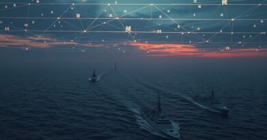 Cieśnina Ormuz o świcie: okręty wojenne, cyfrowy nadzór AI z elementami chińskimi.