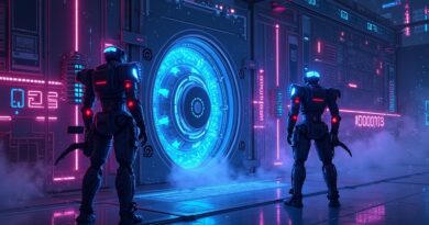 Neonowo oświetlony bankowy skarbiec strzeżony przez autonomiczne AI, przeciwko wirującym kodom złośliwym, niebiesko‑fioletowa atmosfera.