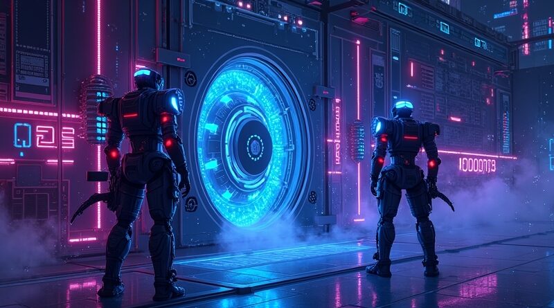 Neonowo oświetlony bankowy skarbiec strzeżony przez autonomiczne AI, przeciwko wirującym kodom złośliwym, niebiesko‑fioletowa atmosfera.