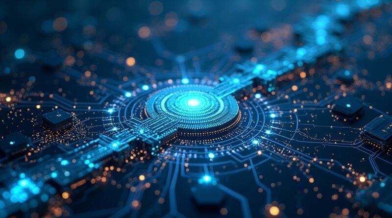 Świetliste strumienie danych sieci neuronowej płyną USA → Chiny, niebiesko‑złote circuitry z zębatkami, kinowe światło