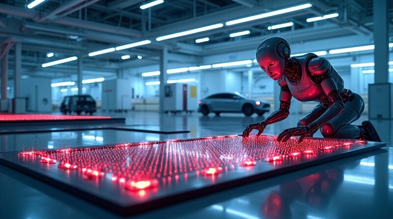 Nowoczesna fabryka półprzewodników w Austin: płytki krzemowe, rakiety SpaceX, robot xAI, Tesla, cyberpunkowa iluminacja.