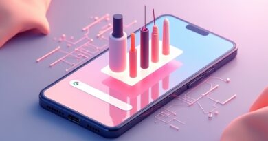 Smartfon z interfejsem Google Gemini, hologram konsultantki urody i unoszące się modele makijażu.