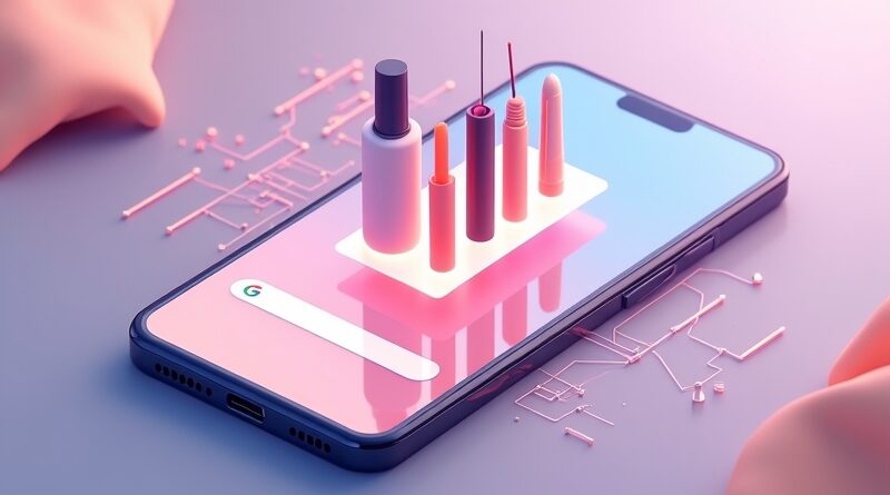 Smartfon z interfejsem Google Gemini, hologram konsultantki urody i unoszące się modele makijażu.