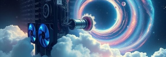 Rozpadająca się koparka Bitcoin przechodzi w galaktyczną mgławicę symbolizującą przejście mocy do AI.