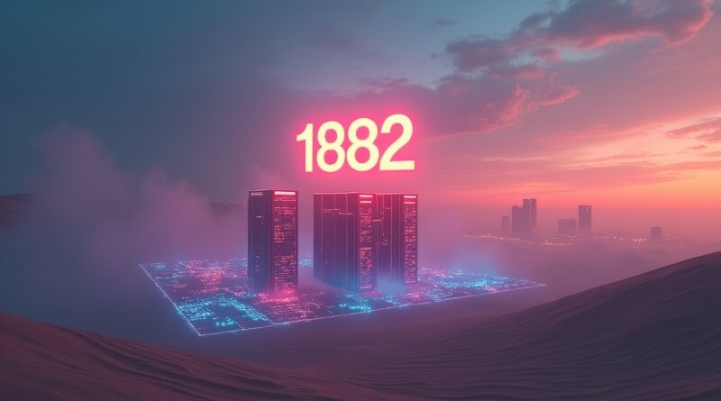 Pustynne miraże formujące liczbę 1882 nad neonowym chińskim centrum danych, w tle rozmyta Dolina Krzemowa.