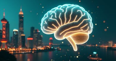 Przezroczysty mózg AI z chińskimi motywami, unoszący się nad pękniętym logiem OpenAI i etykietami cen.