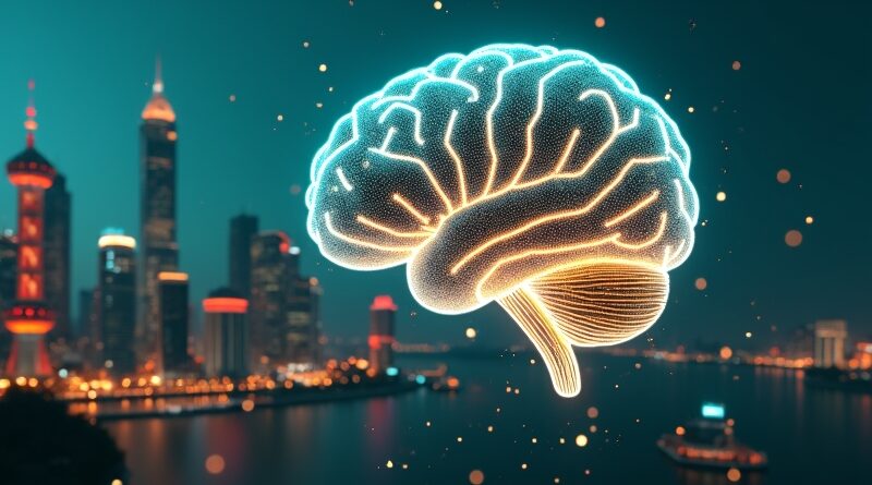 Przezroczysty mózg AI z chińskimi motywami, unoszący się nad pękniętym logiem OpenAI i etykietami cen.