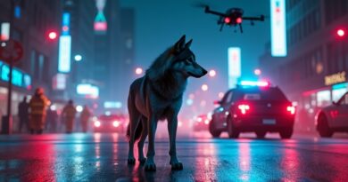 Wilk na neonowym skrzyżowaniu przy migających światłach karetek, dronach, policja, straż, cyfrowe zakłócenia w tle