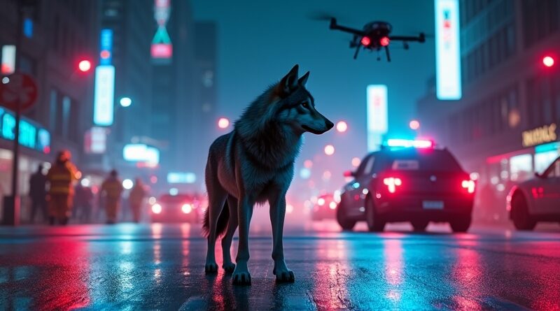 Wilk na neonowym skrzyżowaniu przy migających światłach karetek, dronach, policja, straż, cyfrowe zakłócenia w tle