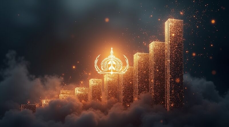 Złota korona nad obwodem OpenAI po lewej, wykres zamieniający się w tarczę Anthropica po prawej.