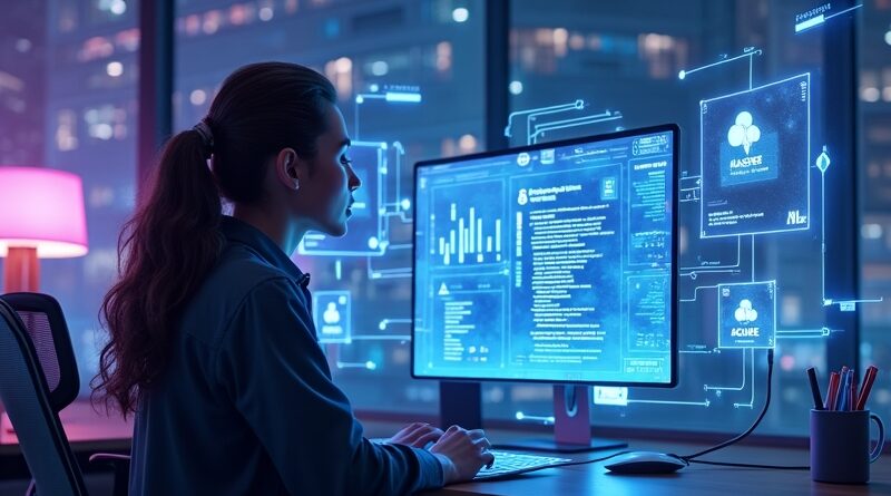 Programista przy interfejsie głosowym, holograficzny język przechodzący w kod umów, nad siecią Azure i Base