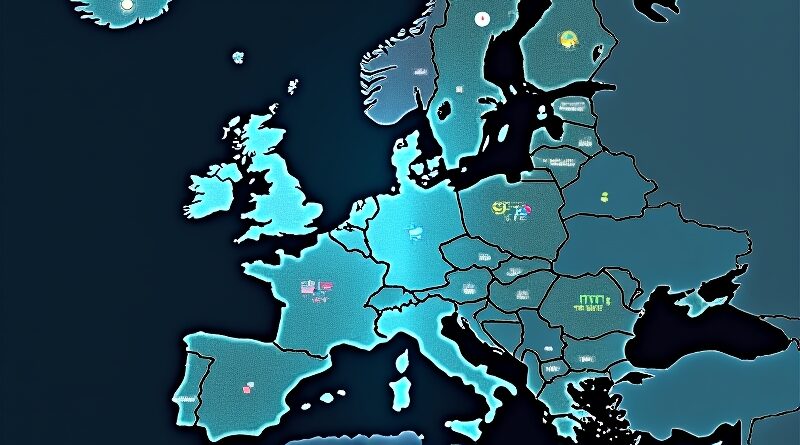 Europa podzielona światłoczułą rzeką: Zachód niebiesko‑zielony, AI ikony; Polska szara, słupkiem 8 %