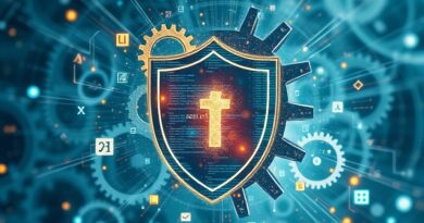 Abstrakcyjna tarcza zębatek i symboli matematycznych chroni fragment kodu. Synteza matematyki, abstrakcji i technologii.