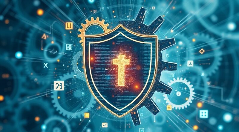 Abstrakcyjna tarcza zębatek i symboli matematycznych chroni fragment kodu. Synteza matematyki, abstrakcji i technologii.