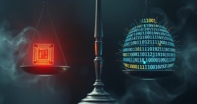 Waga sprawiedliwości: microchip kontra binarny kod, symbolizujące regulacje AI i ich niejasny charakter.