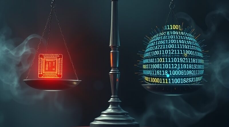 Waga sprawiedliwości: microchip kontra binarny kod, symbolizujące regulacje AI i ich niejasny charakter.