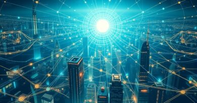 Futurystyczny pejzaż miasta z sieciami obwodów, symbolizujący autonomiczną finansową infrastrukturę Anvita Ant Group.