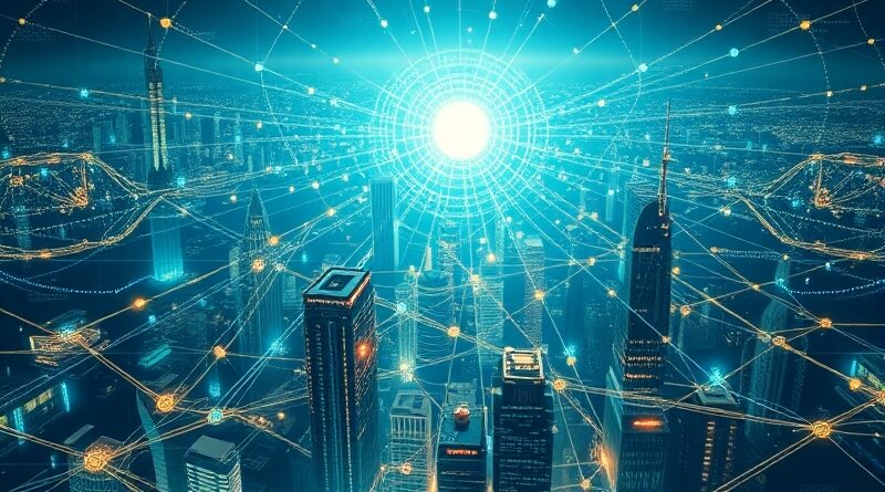 Futurystyczny pejzaż miasta z sieciami obwodów, symbolizujący autonomiczną finansową infrastrukturę Anvita Ant Group.