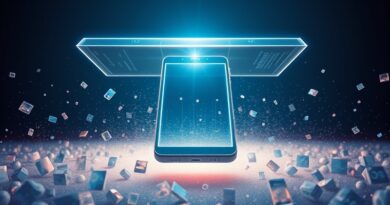 Przyszły smartfon-AI nad polem ikon, monolit interfejsu, chmura i chip połączone świetlną wiązką, bez znaków.