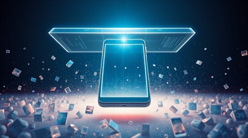 Przyszły smartfon-AI nad polem ikon, monolit interfejsu, chmura i chip połączone świetlną wiązką, bez znaków.