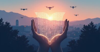 Googleplex przy wschódzie słońca, półprzezroczysty kod binarny jako tarcza, sylwetki dronów i otwarte dłonie.