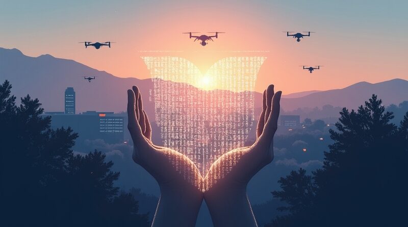 Googleplex przy wschódzie słońca, półprzezroczysty kod binarny jako tarcza, sylwetki dronów i otwarte dłonie.