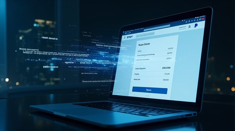 Półtransparentny asystent AI nad ekranem laptopa z PayPal, niewidoczne kody HTML świecący overlay, mroczna atmosfera.