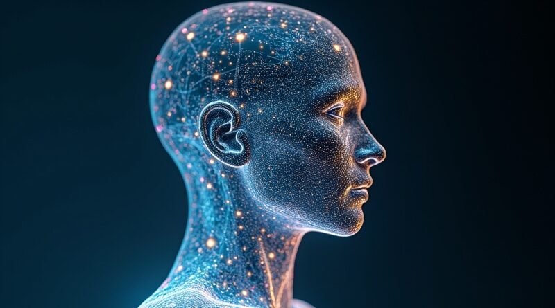 Półprzezroczyste ludzkie ciało z luminiscencyjną siatką węzłów, neonowo‑złotymi akcentami, sci‑fi, hiperrealistycznie