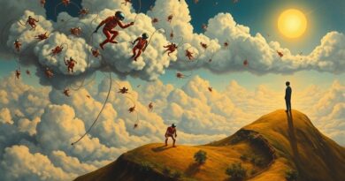 Surrealistyczny krajobraz AI: chaotyczne roboty w chmurach pod okiem spokojnej sztucznej inteligencji na wzgórzu.