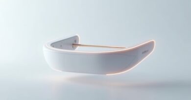 Minimalistyczny gadżet przypominający broszkę lub okulary, unoszący się na tle gradientu z delikatnymi linijkami świetlnymi.