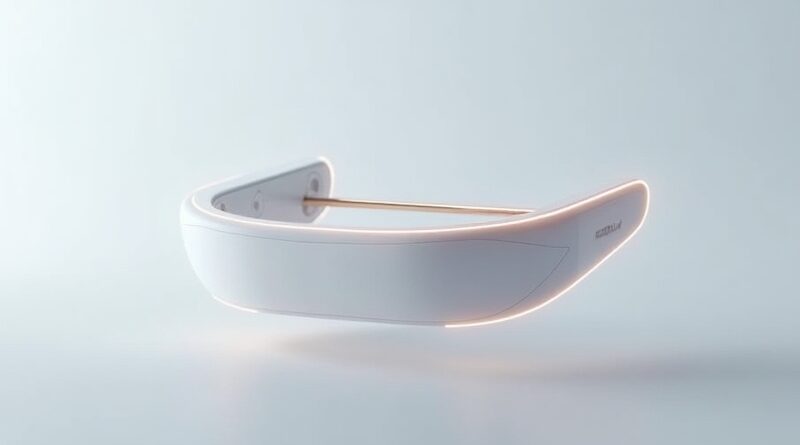 Minimalistyczny gadżet przypominający broszkę lub okulary, unoszący się na tle gradientu z delikatnymi linijkami świetlnymi.