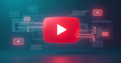 Czerwony przycisk odtwarzania YouTube przechodzi w podświetlony balon czatu z tekstem AI, tło cieniutkie miniature.