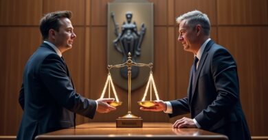 Elon Musk i Sam Altman przy ławce sądowej, waga sprawiedliwości – kod open‑source vs logo korporacyjne
