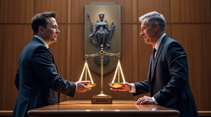 Elon Musk i Sam Altman przy ławce sądowej, waga sprawiedliwości – kod open‑source vs logo korporacyjne
