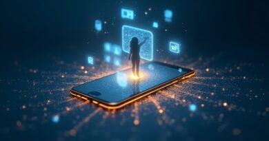 Futurystyczny smartfon unoszący się nad świecącą siecią neuronową, z niebiesko‑złotą aurą