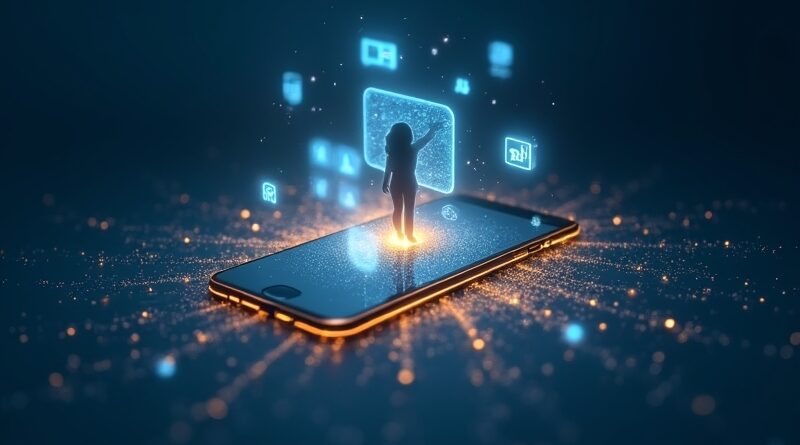 Futurystyczny smartfon unoszący się nad świecącą siecią neuronową, z niebiesko‑złotą aurą