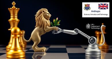 Szachownica, lew, ramię robota z gałązką oliwną, logo Anthropic i DSIT w tle.