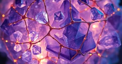 Kryształ z siecią neonowych połączeń symbolizuje precyzję AI w wykrywaniu defektów materiałowych w nanoskali.