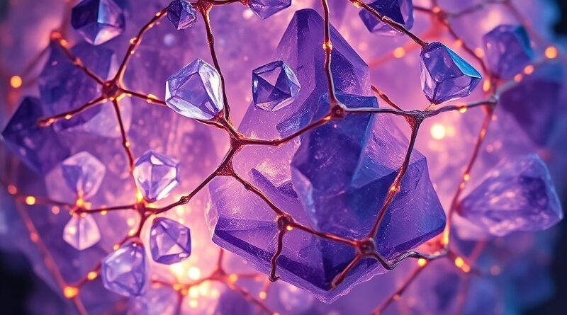 Kryształ z siecią neonowych połączeń symbolizuje precyzję AI w wykrywaniu defektów materiałowych w nanoskali.