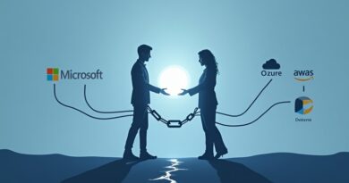 Dwie półprzezroczyste postacie Microsoft i OpenAI, świecące orbs do chmur, zerwany łańcuch, 2032