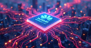 Sietka neuronowa z chipami Ascend 950PR i symbolami DeepSeek V4 na neonowym chińskim mieście