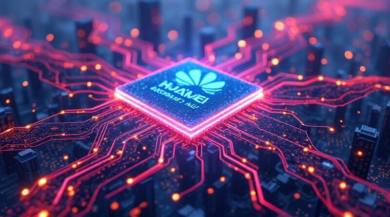 Sietka neuronowa z chipami Ascend 950PR i symbolami DeepSeek V4 na neonowym chińskim mieście