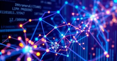 Abstrakcyjna wizja Solany: autonomiczne transakcje AI w sieci blockchain, szybkie płatności i przyszłość finansów.