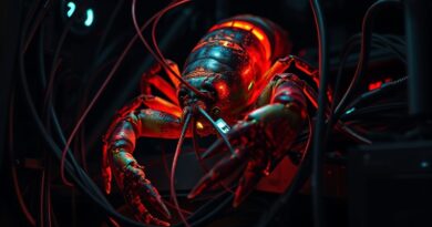 Bioluminescencyjny homar zaplątany w kable serwerowe. Cyberpunkowa ilustracja ilustrująca destrukcyjny potencjał AI OpenClaw.